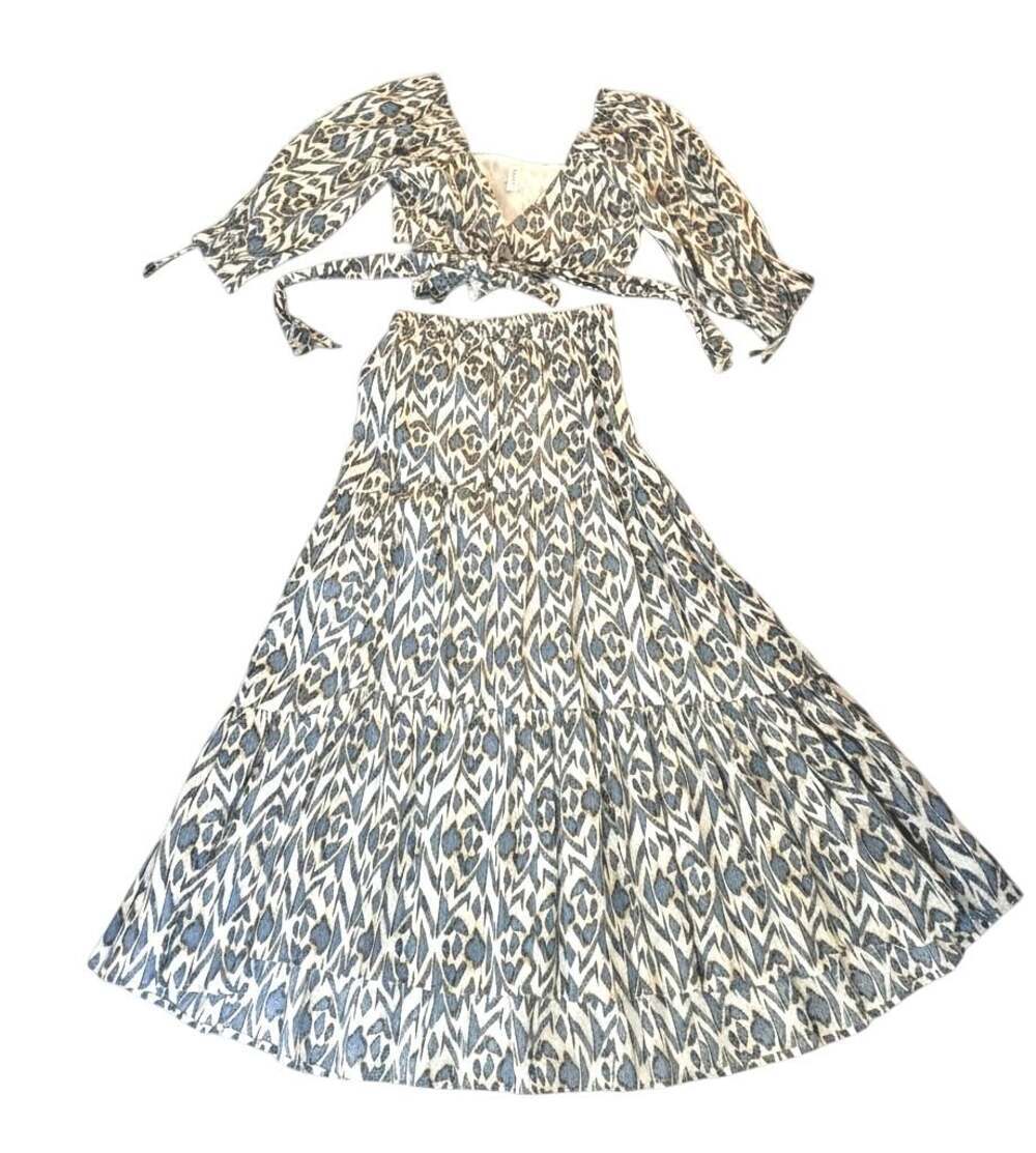 Kivari Two Piece Boho Crop Top & Maxi Skirt Set Blue White Print
